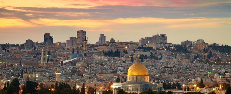 The famous golden Dome, sparkling in the sunset, along with the rest of the city of Jerusalem