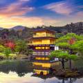 Beautiful lake with a temple in the background in springtime in Kyoto