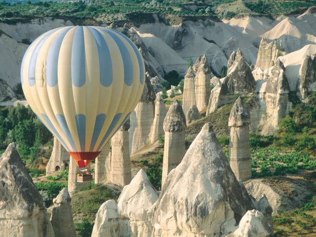 Hot air balloons floating over the stunning landscape of Cappadocia