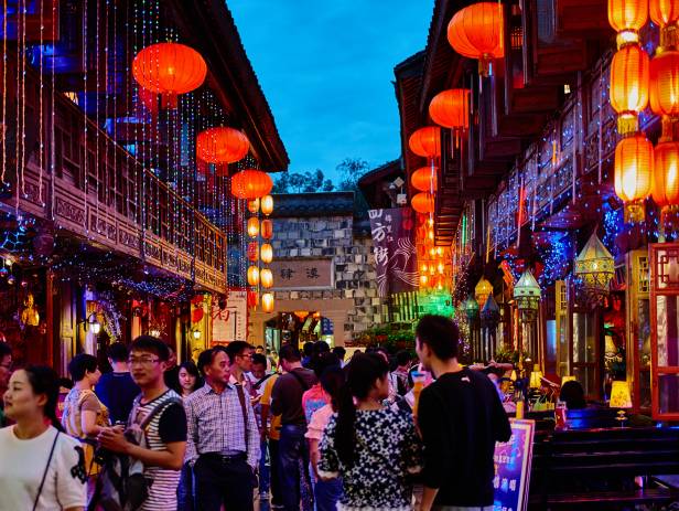 The riverside view of Chengdu city with Anshun bridge beautifully illuminated