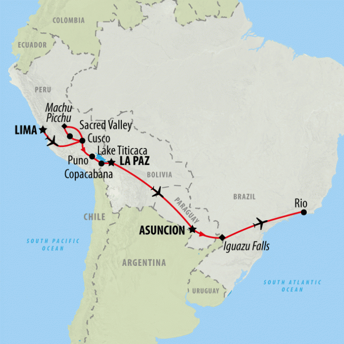 tourhub | On The Go Tours | Journey Across South America - 19 Days | Tour Map