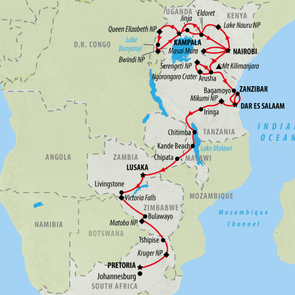 Jungle, Falls & Game Parks (Accommodated) - 46 days map