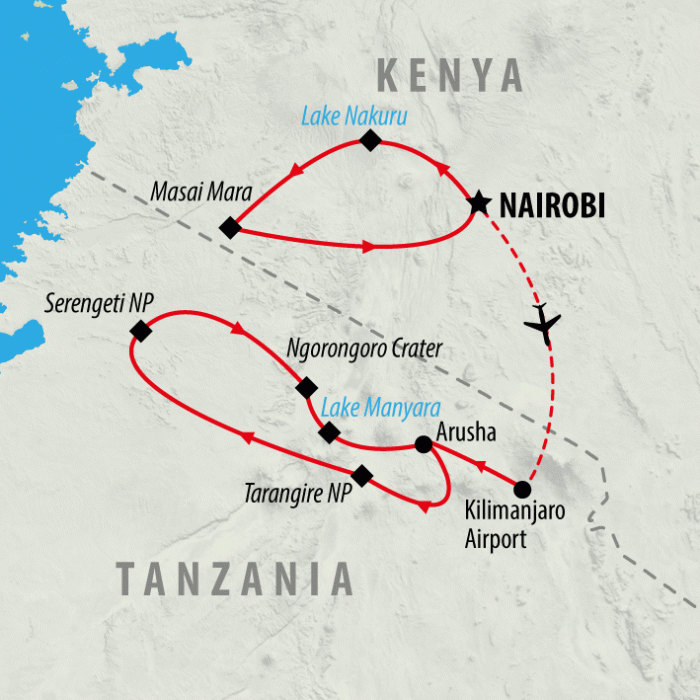 tourhub | On The Go Tours | Kenya & Tanzania Trails - 13 days | Tour Map