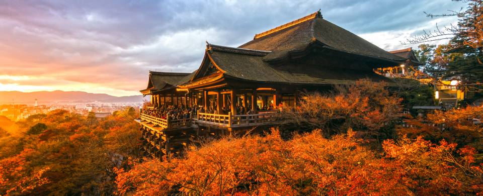 Forest in rich autumn colours, surrounding Kiyomizu-Dera temple in Kyoto