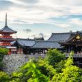 Beautiful lake with a temple in the background in springtime in Kyoto