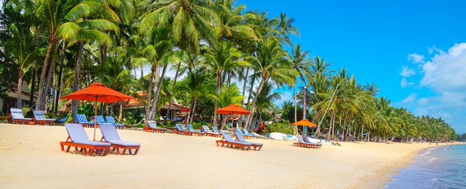 Beach chairs and umbrellas line the perfect sands of Koh Samui in Thailand