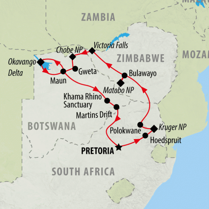 tourhub | On The Go Tours | Kruger, Delta, Chobe & Falls - 14 days | Tour Map