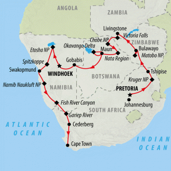 Kruger, Falls, Delta & Cape (Accommodated)  - 25 days map