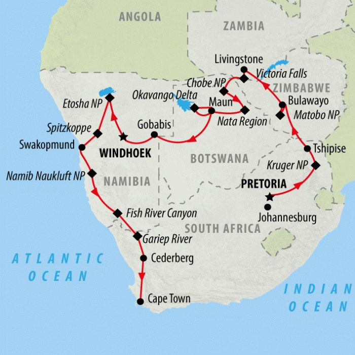 tourhub | On The Go Tours | Kruger, Falls, Delta & Cape - 25 days | Tour Map