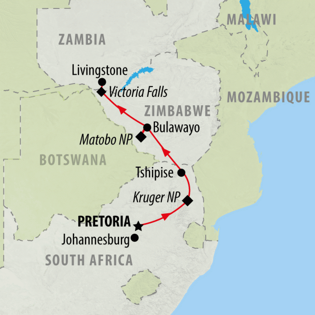 Kruger, Matobo & Falls - 7 days map