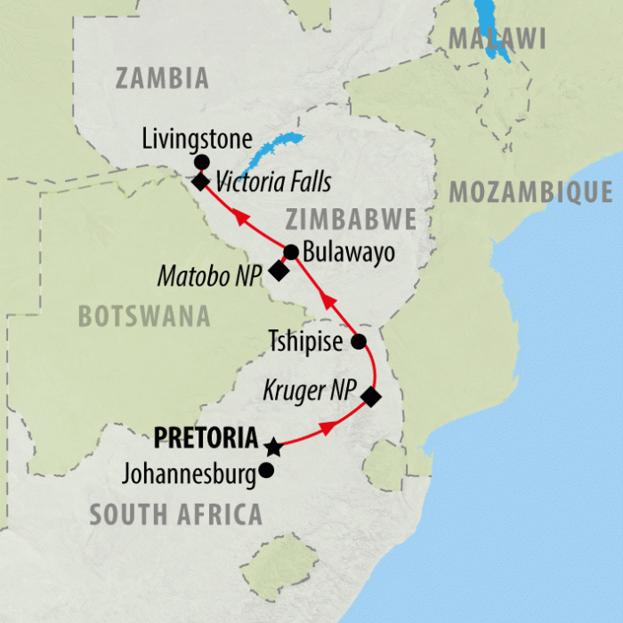 tourhub | On The Go Tours | Kruger, Matobo & Falls - 7 days | Tour Map