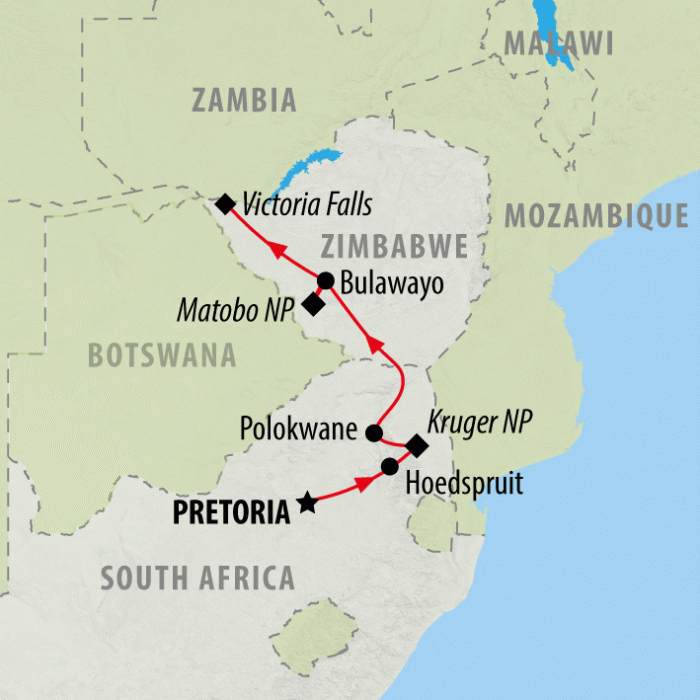 tourhub | On The Go Tours | Kruger & Matobo Rhino Encounter - 7 Days | Tour Map