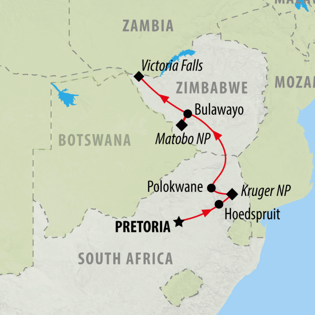 Kruger to Victoria Falls - 9 Days map