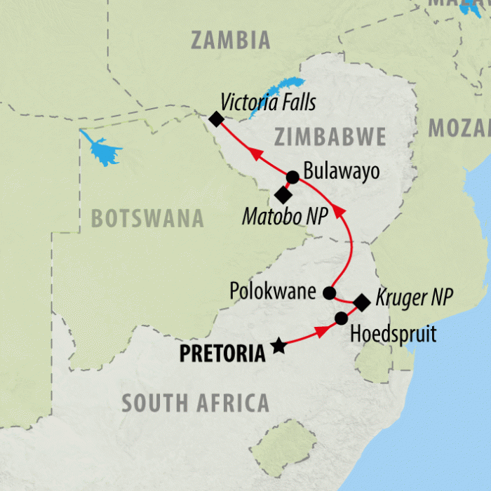 tourhub | On The Go Tours | Kruger to Victoria Falls - 9 Days | Tour Map