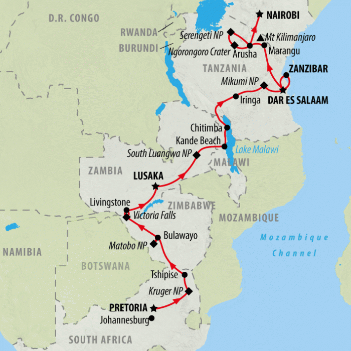 tourhub | On The Go Tours | Kruger to the Serengeti (Accommodated) - 29 days | Tour Map
