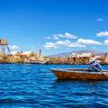 Traditional reed boats on the water of the Lake Titicaca