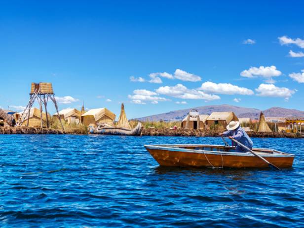 Traditional reed boats on the water of the Lake Titicaca