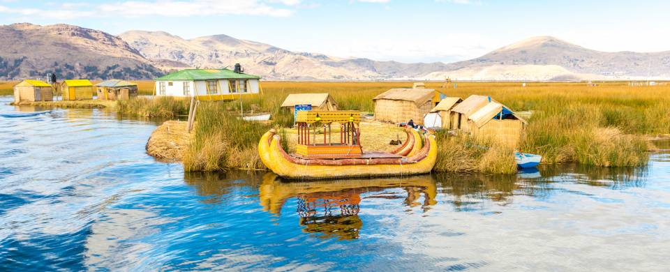 Traditional reed boats on the water of the Lake Titicaca