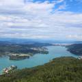 An arial view of the islet in the centre of Lake Bled