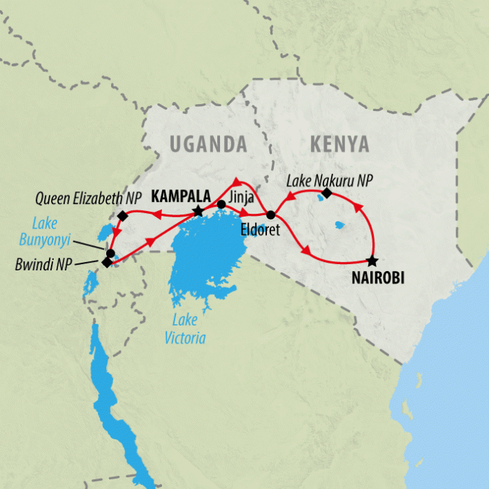 tourhub | On The Go Tours | Lake Nakuru, Uganda & Gorillas (Accommodated) - 14 days | Tour Map