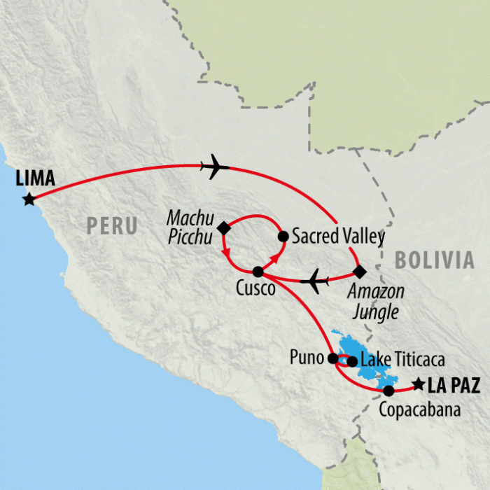 tourhub | On The Go Tours | Lima to La Paz - 14 days | Tour Map