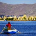 Traditional reed boats on the water of the Lake Titicaca