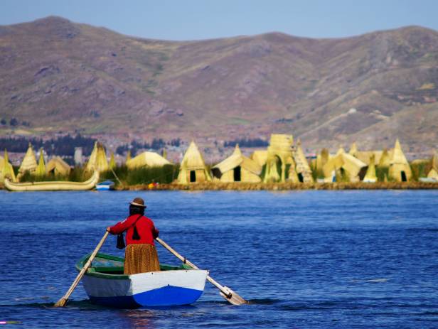 Traditional reed boats on the water of the Lake Titicaca