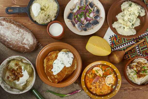 Lithuanian cuisine, Baltic Traditional assorted dishes, Top view