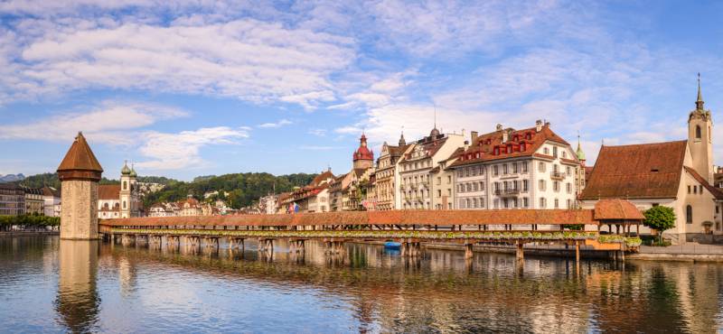 Lucerne panorama city skyline and Chapel Bridge in Switzerland