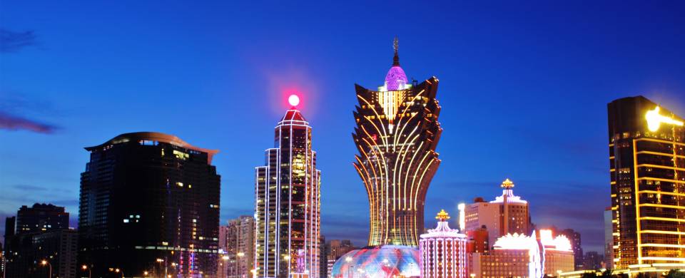 The skyline of Macau lit up at night