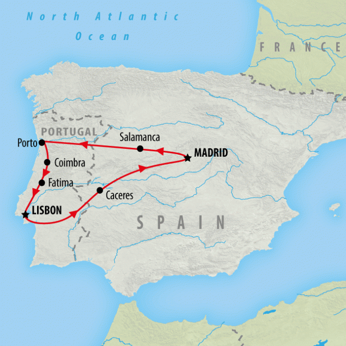 tourhub | On The Go Tours | Madrid, Porto & Lisbon - 9 days | Tour Map