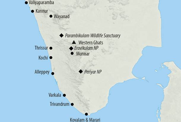 Map of Kerala showing top spots