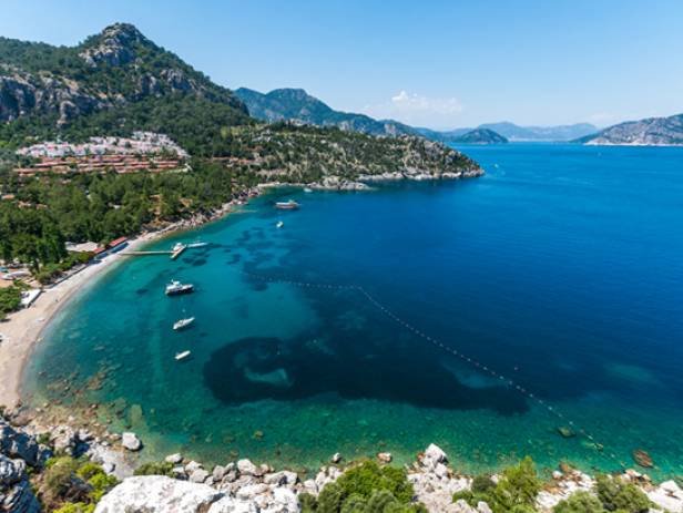 The arched bay and sparkling turquoise water of Marmaris
