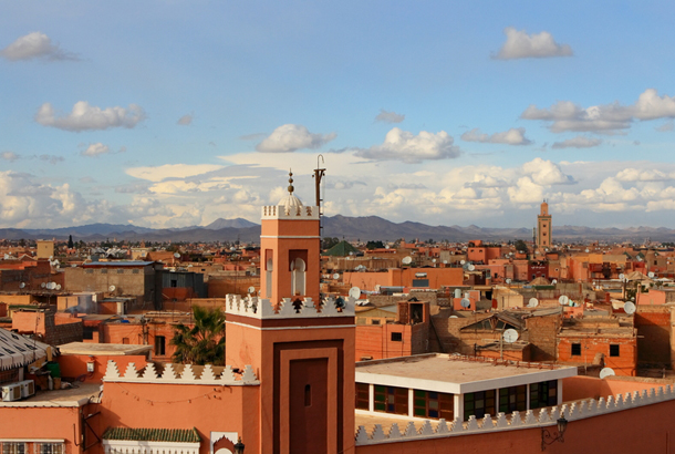 A view of the Marrakech Medina skyline in Morocco