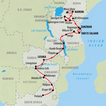 Masai Mara to Kruger (Accommodated) - 31 days map