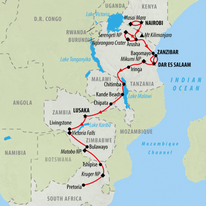 tourhub | On The Go Tours | Masai Mara to Kruger (Accommodated) - 31 days | Tour Map