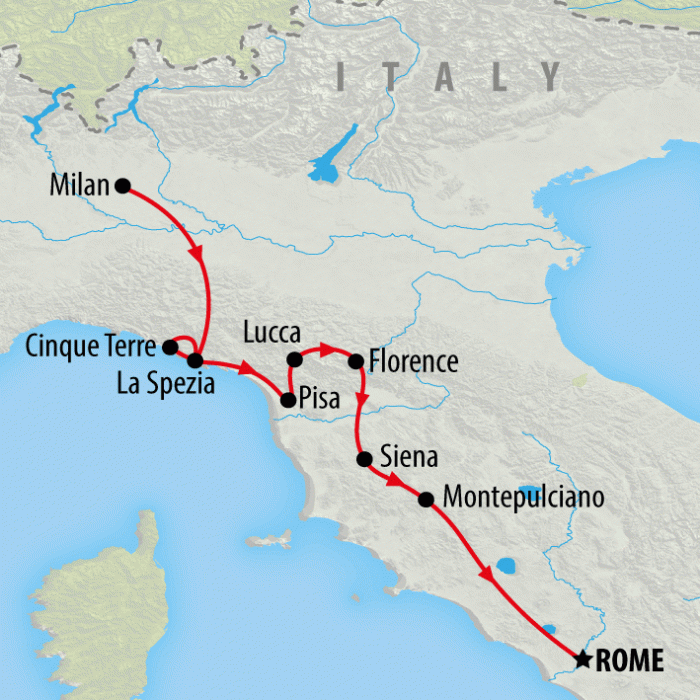 tourhub | On The Go Tours | Milan to Cinque Terre & Rome - 6 days | Tour Map