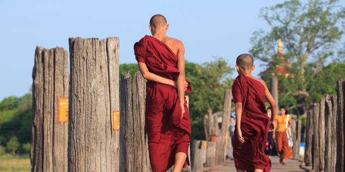 Monks on a bridge in Myanmar | Myanmar | Southeast Asia