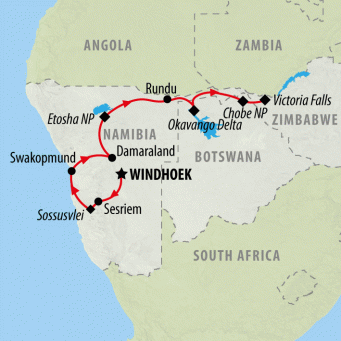 Namibia, Botswana and Falls - 14 days map
