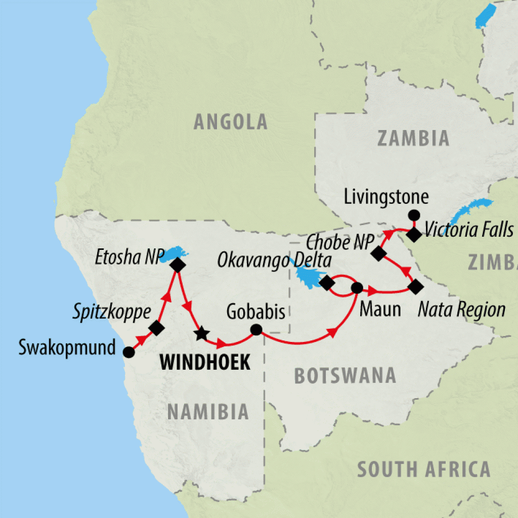 Namibia to Falls (Accommodated) - 12 days map