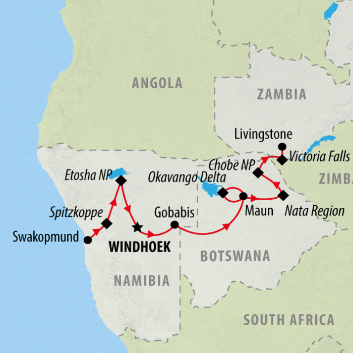 tourhub | On The Go Tours | Namibia to Falls (Accommodated) - 12 days | Tour Map