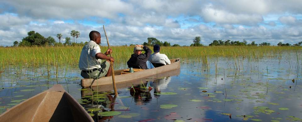 Mokoro boat gliding along the Okavango River