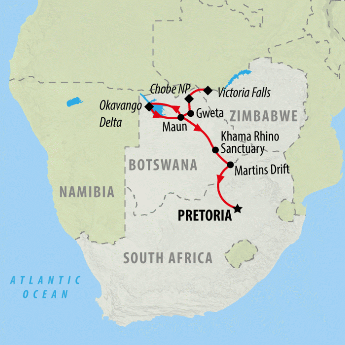 tourhub | On The Go Tours | Okavango Wilderness Discovery - 7 Days  | Tour Map