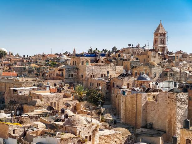 The famous golden Dome, sparkling in the sunset, along with the rest of the city of Jerusalem