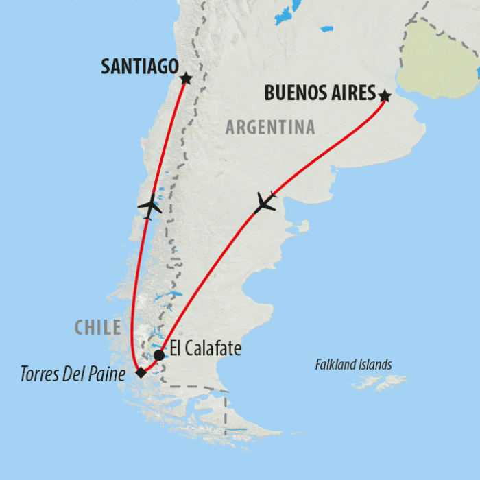 tourhub | On The Go Tours | Patagonia, Peaks & Glaciers - 13 days | Tour Map