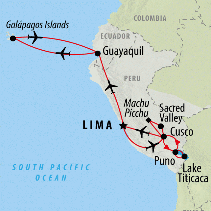 tourhub | On The Go Tours | Peru & Galapagos Discovery - 15 Days | Tour Map