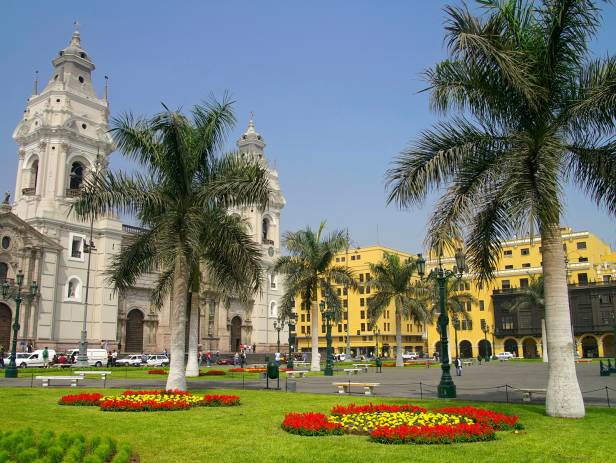 View across the Plaza Mayor in Lima with mountains in the background