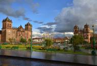 Looking across the grassy expanses of Plaza de Armas in Cuzco