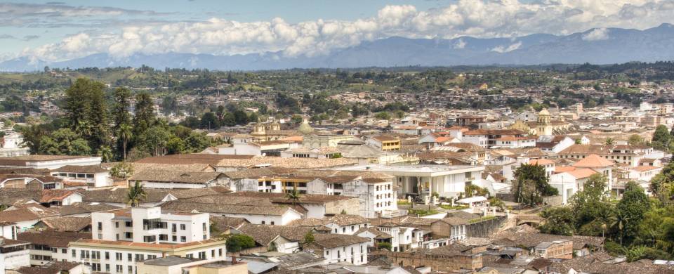 Looking out across the attractive white-washed mansions and their rooftops in Popayan