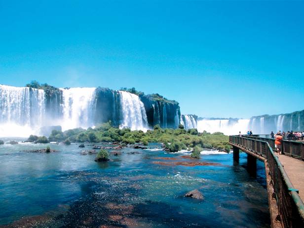 Powerful cascades of white water at Iguazu Falls